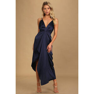 Lulus Caught Feelings Navy Blue Satin Ruffled Midi Dress - Size M